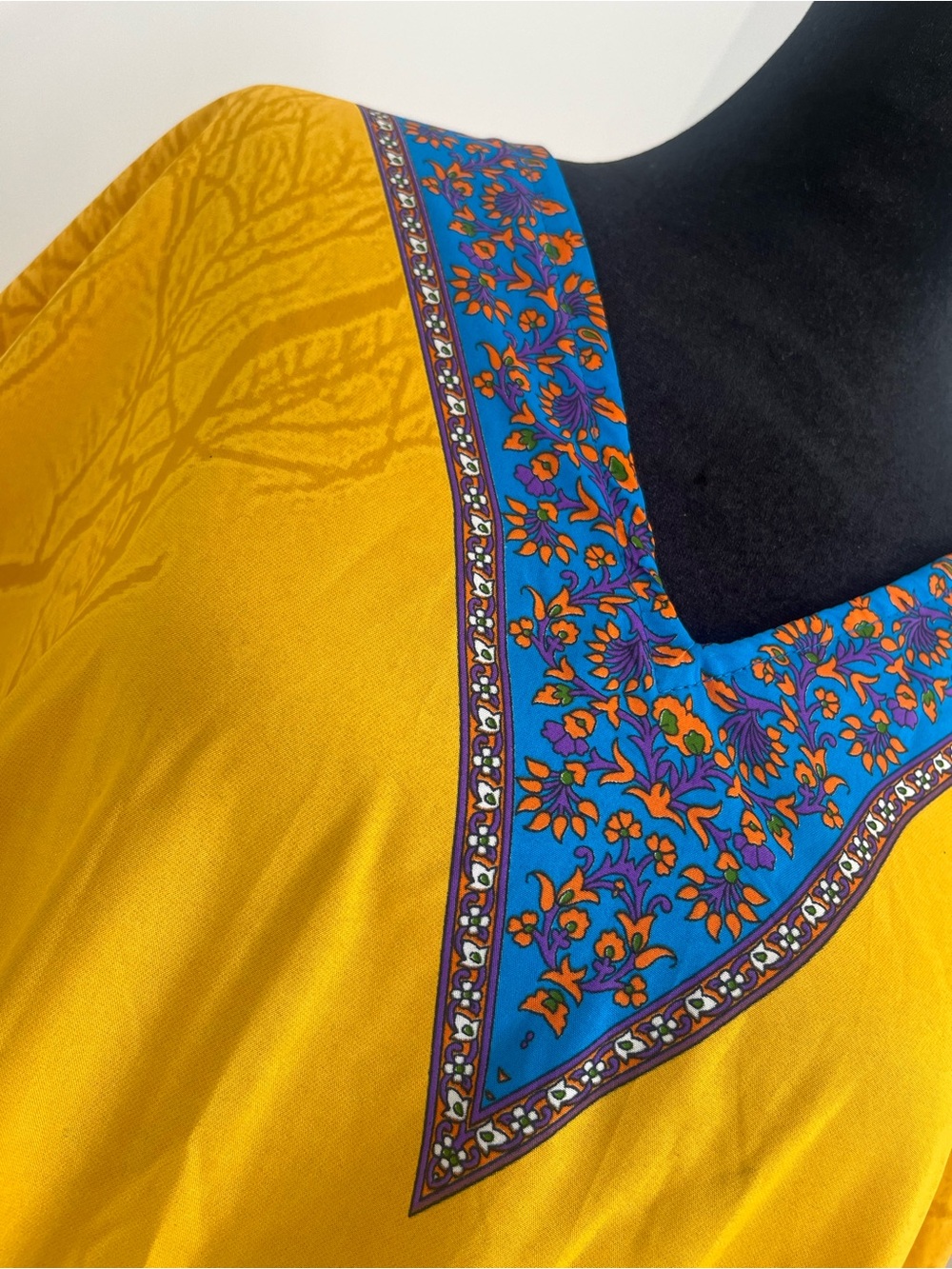 GODDESS Mustard Yellow African-Inspired Women’s Kaftan with Blue Floral V-Neck